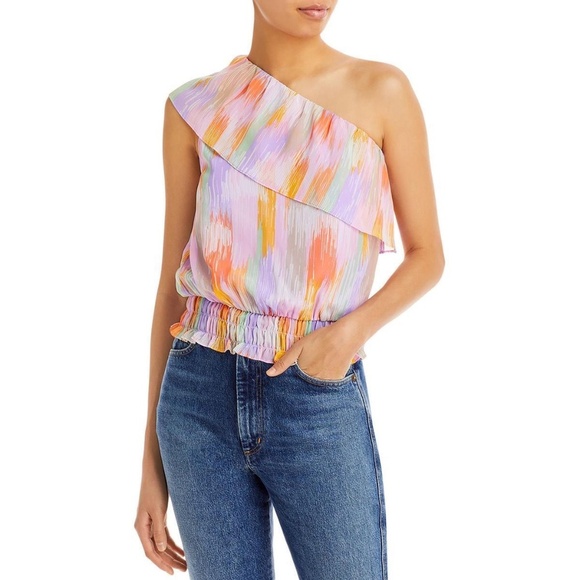 Aqua Womens Smocked Waist Ruffled One Shoulder Peasant Top Shirt - Picture 1 of 3